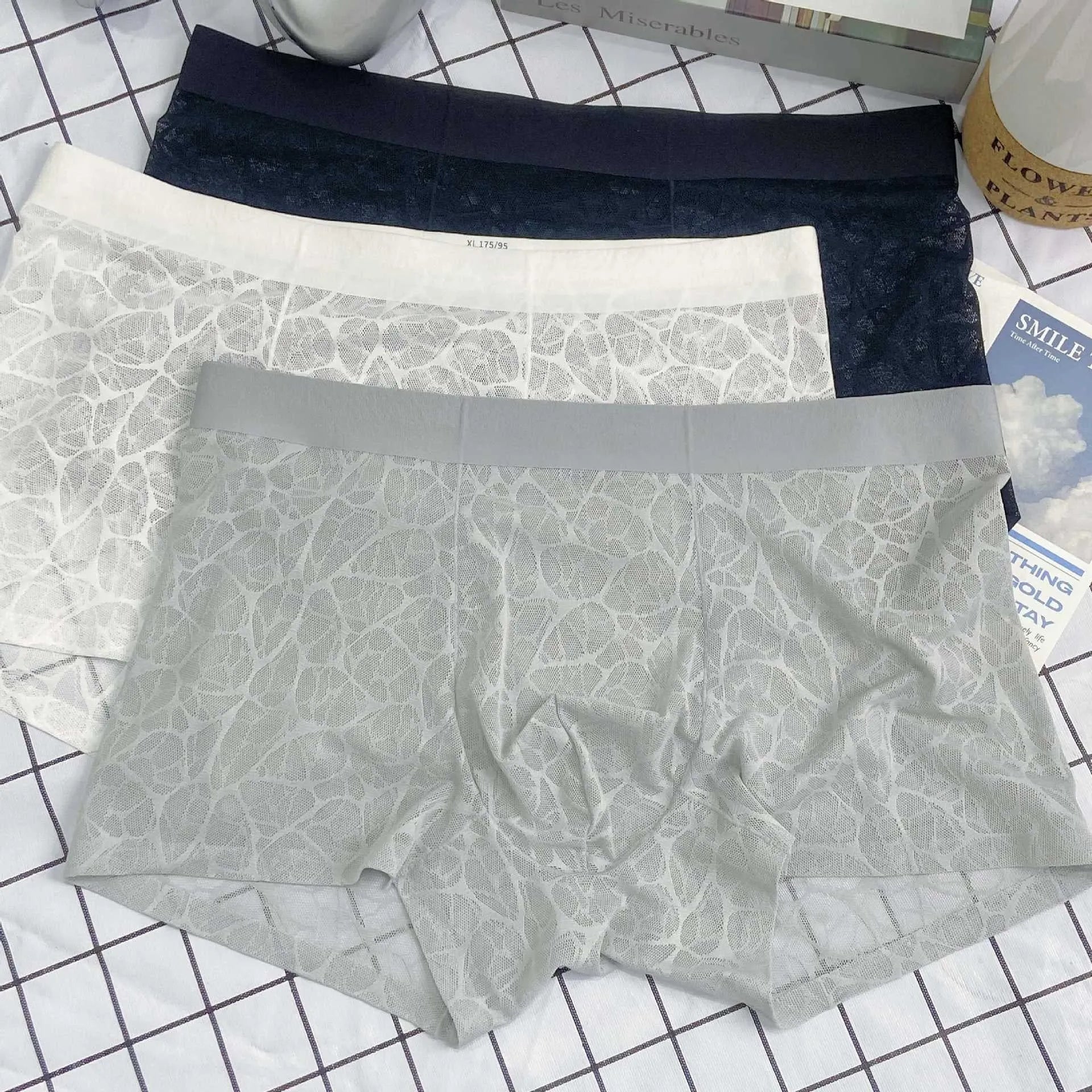 Men's thin lace leopard jacquard underwear in nylon, shown in one of five colours including matcha green.