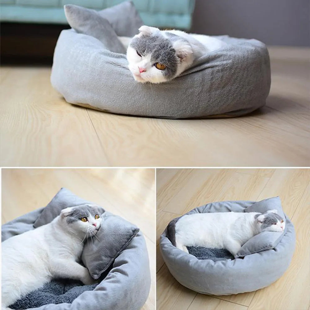 Grey round plush pet bed with removable pillow and non-slip base in four size options