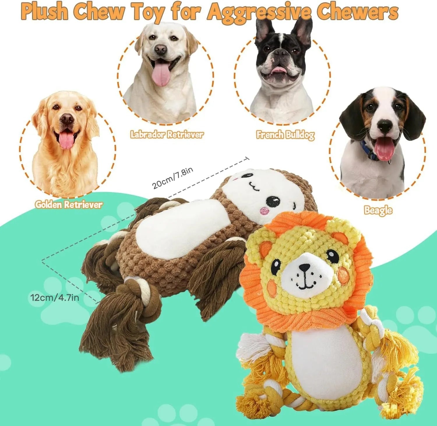 Lion and monkey plush squeaky dog toys bundle for medium to large breed dogs