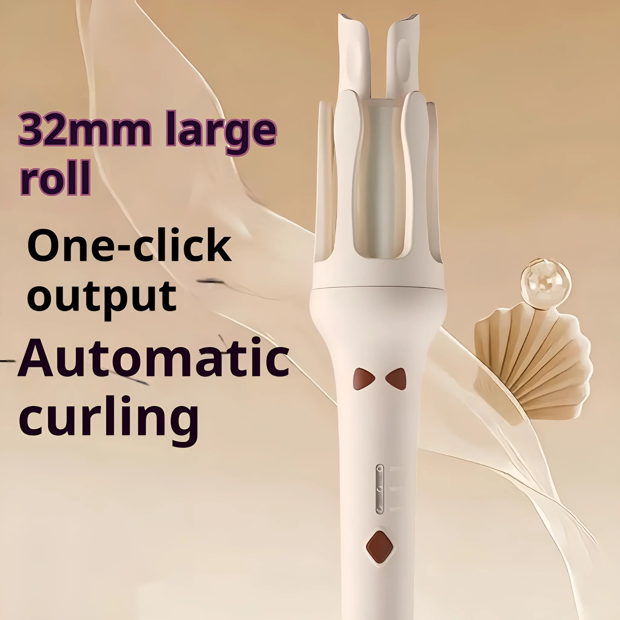 White and pink automatic hair curler with a 32mm rotating ceramic barrel and clamp, resting on a table with international power adapters.