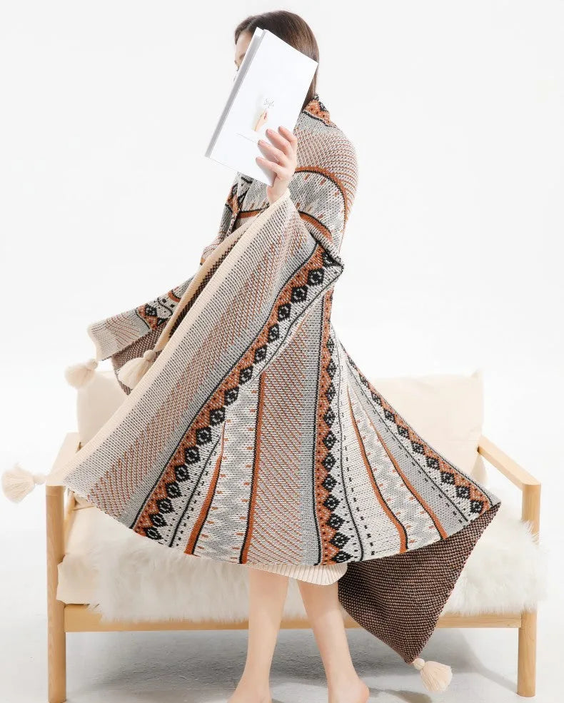 Bohemian-style acrylic knit sofa blanket with tassels in a geometric pattern