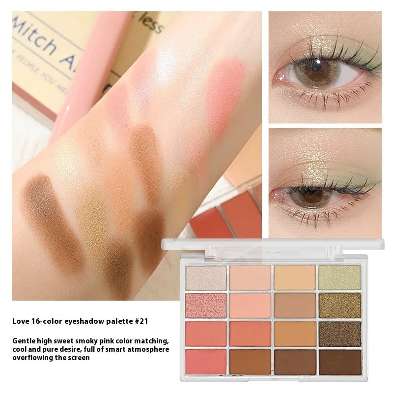 16 colour eye shadow palette with crouching silkworm design showing pink and brown shimmer matte shades