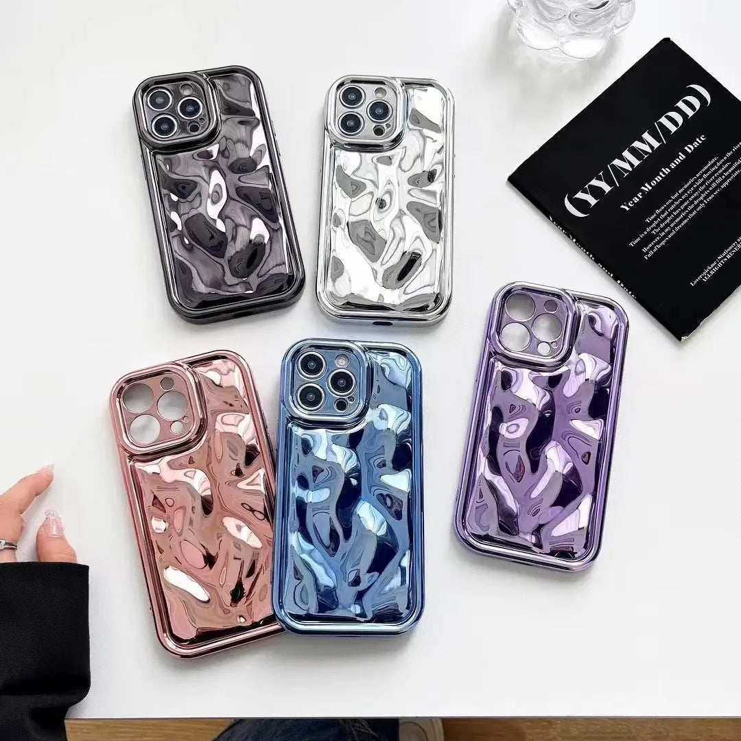 All-inclusive electroplated meteorite pattern TPU phone case for iPhone, shown in black, silver, blue, purple, and rose gold.