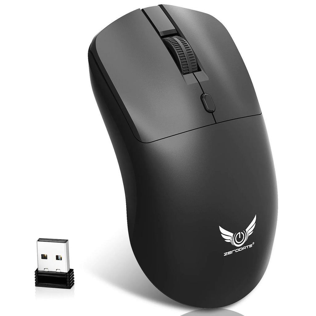 Black wireless computer mouse with three-gear audio button, photoelectric sensor, and battery compartment
