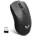 Black wireless computer mouse with three-gear audio button, photoelectric sensor, and battery compartment