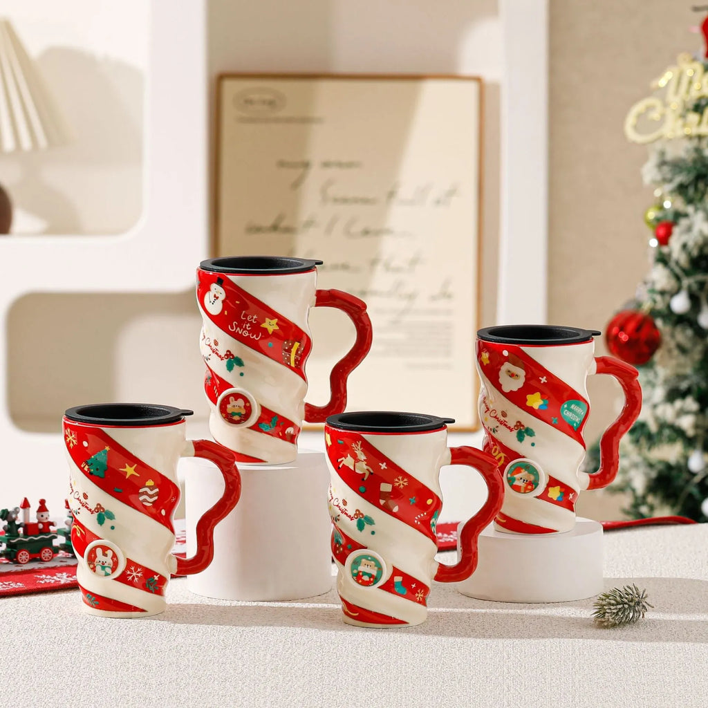 Christmas couple ceramic mug with cartoon pattern, 401-500ml capacity, household cup set