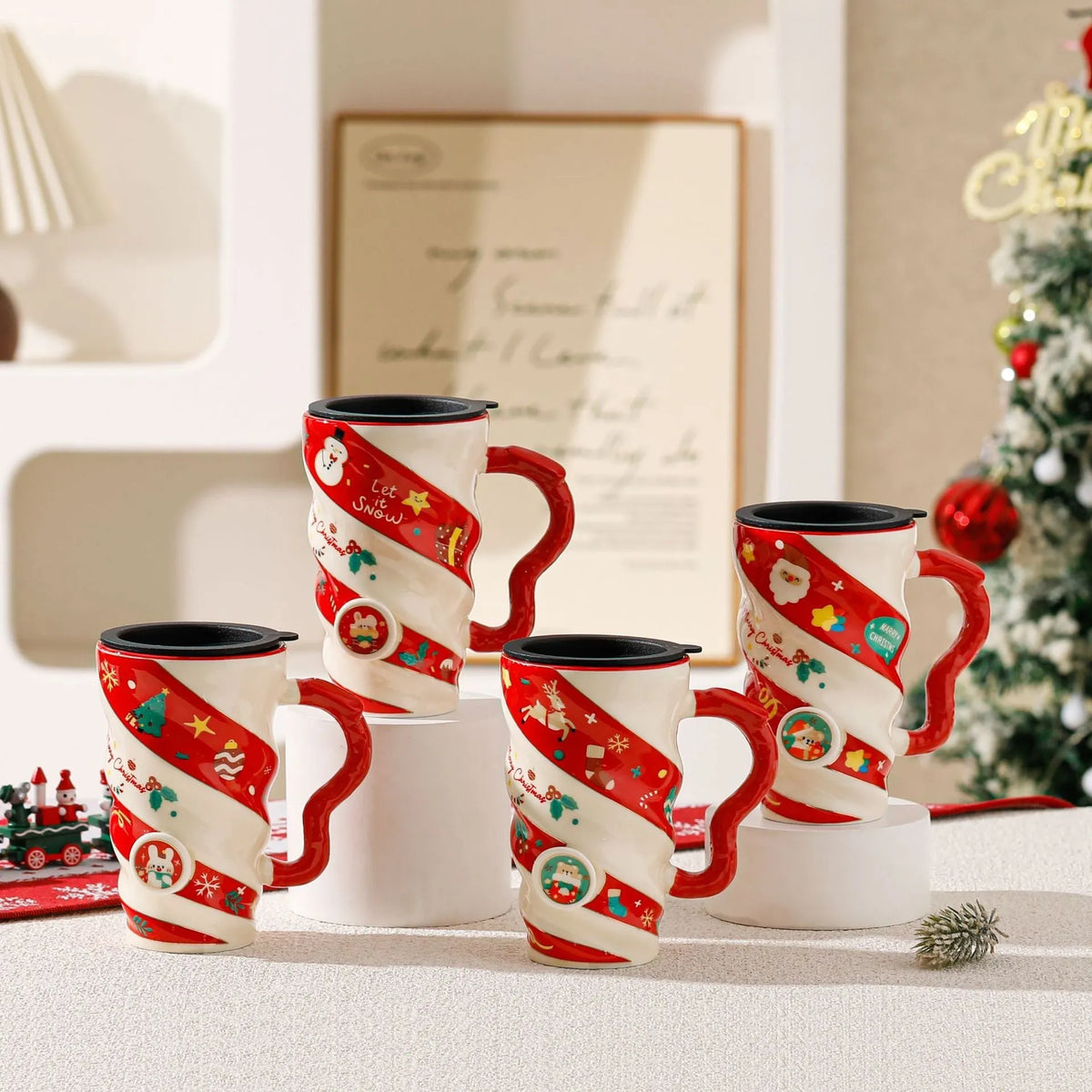 Christmas couple ceramic mug with cartoon pattern, 401-500ml capacity, household cup set