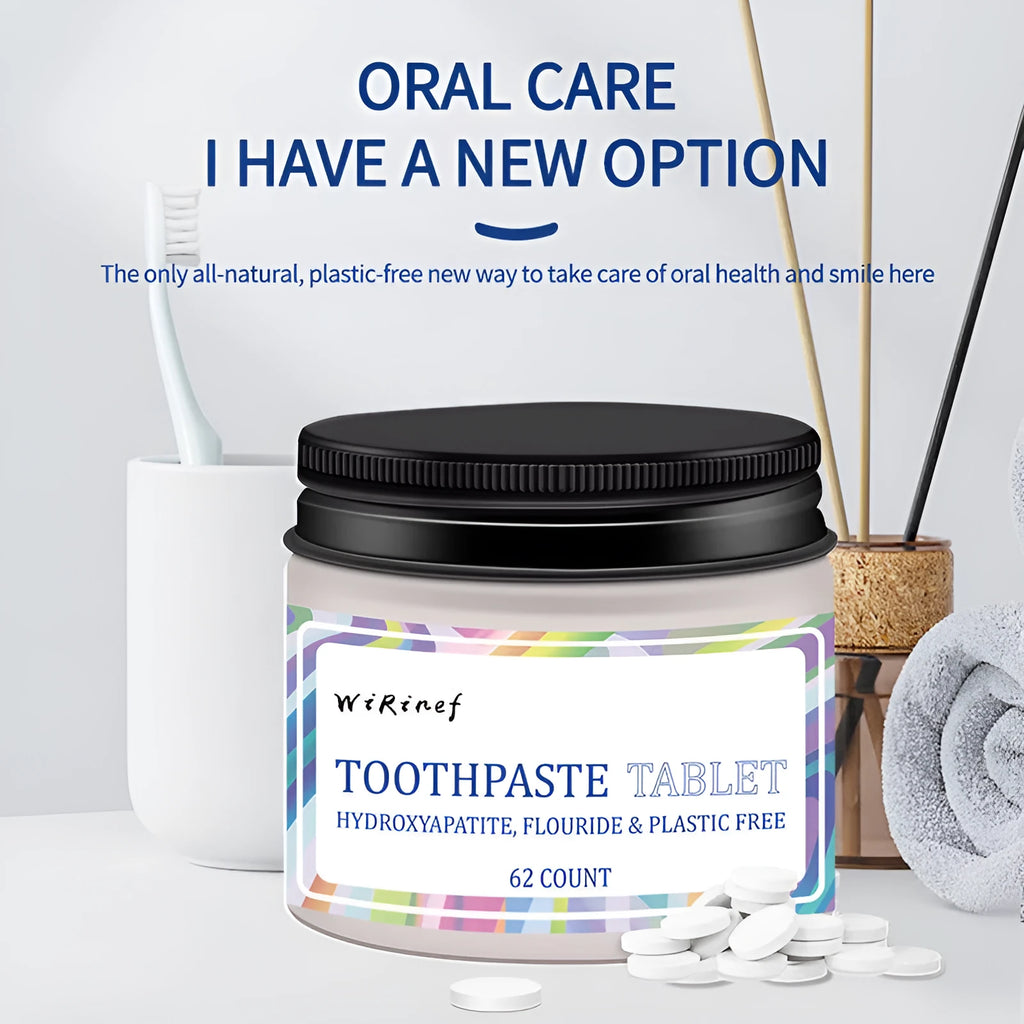 Pack of 62 solid, chewable portable toothpaste tablets for cleaning on the go