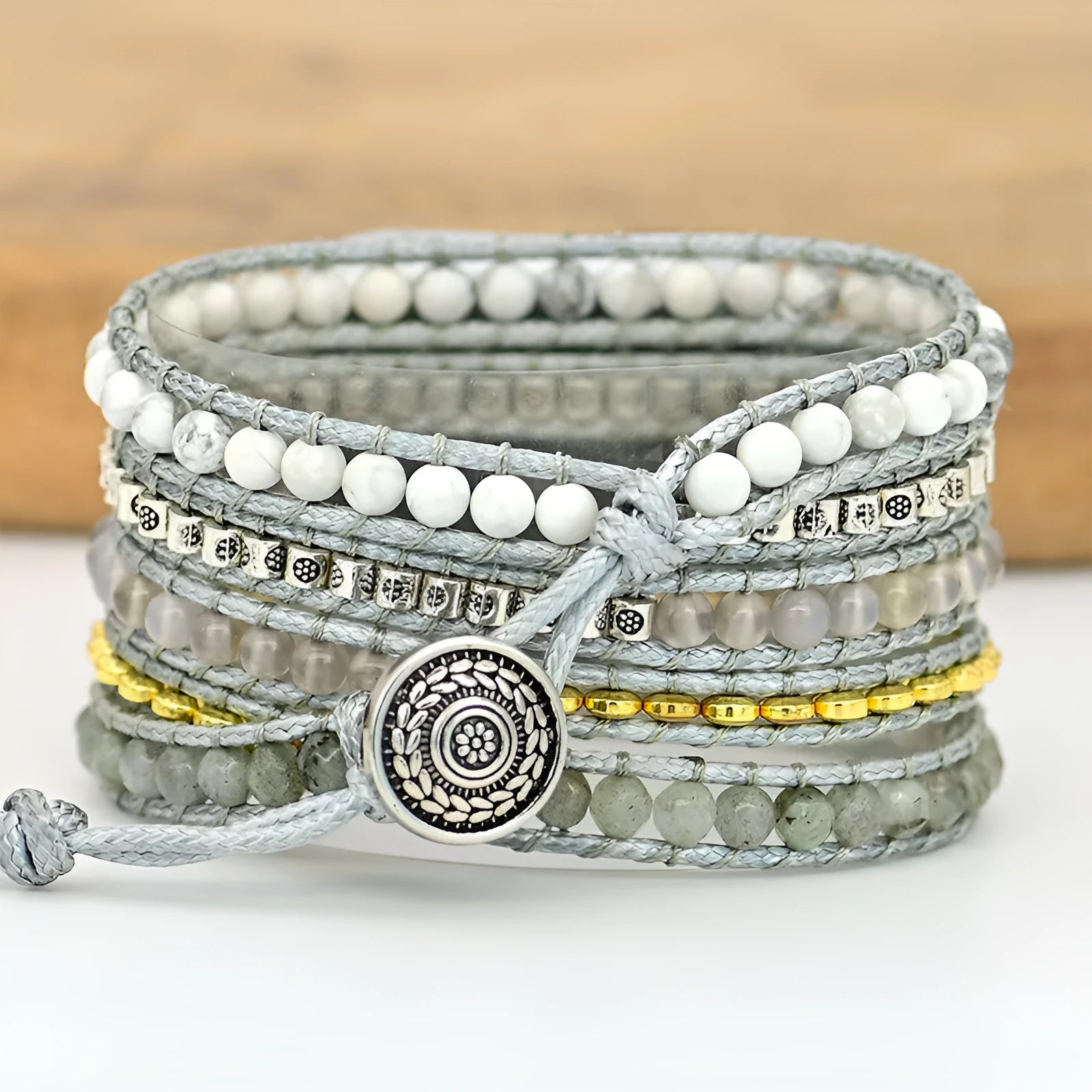 Natural stone beaded crystal watch band with bohemian styling and three adjustment holes for 38-41mm or 42-45mm lug widths