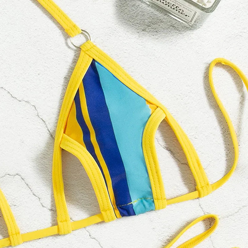 Yellow women's high-waisted bikini set with backless top and neck-hanging hollow design.