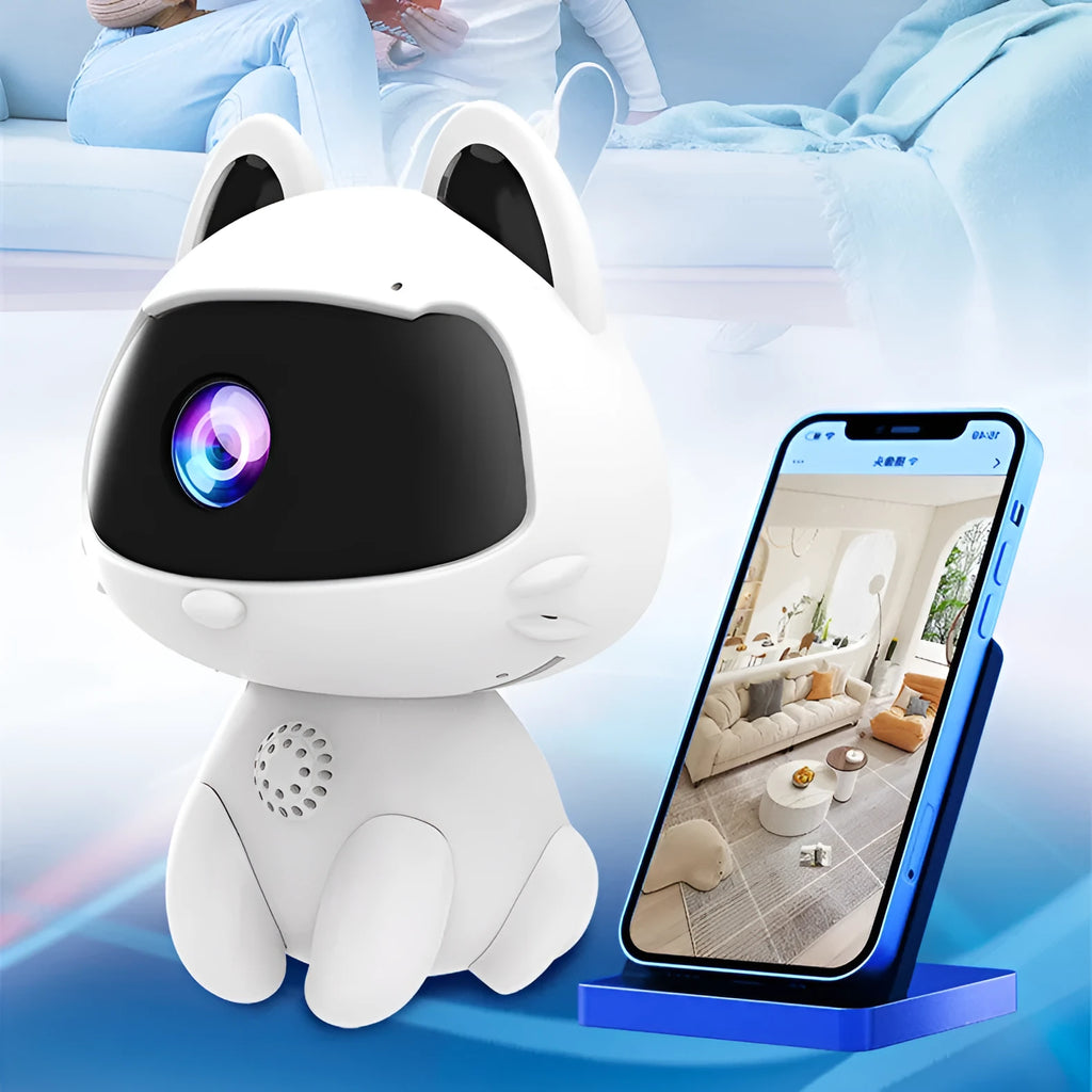 Cat Cute Pet V380 surveillance camera with WiFi and 720p resolution, white ABS plastic body