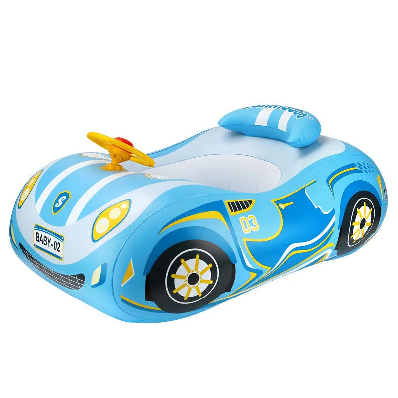 Pink inflatable swimming ring for kids with a mini steering wheel and cartoon sports car boats design.