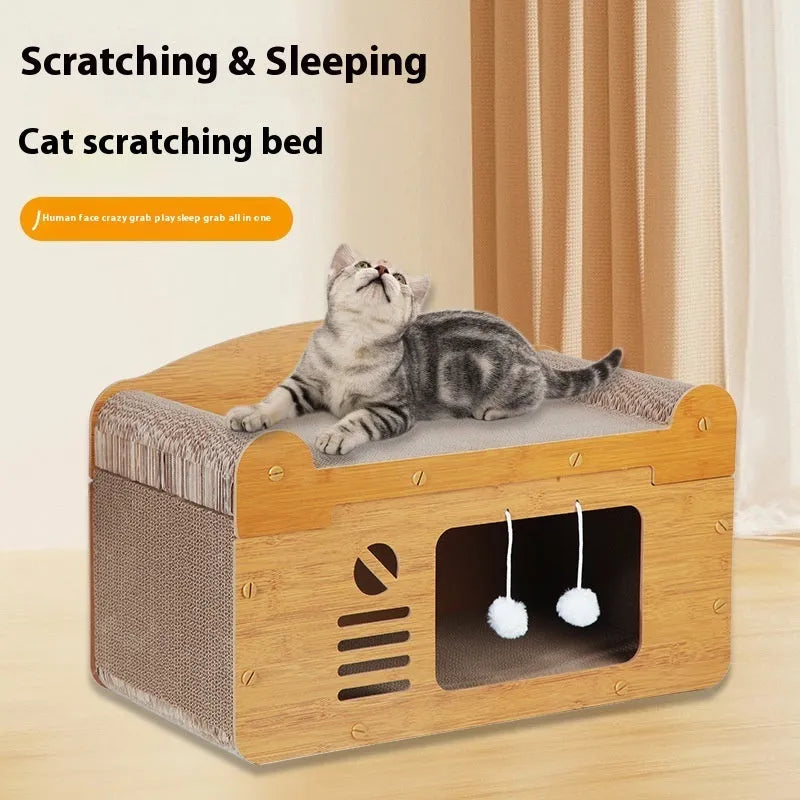 Brown corrugated cardboard cat house with double layer construction and two ball-shaped entrance doors