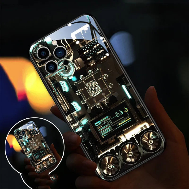 Xpress 14 iPhone case with illuminated lightning bolt design on tempered glass back.