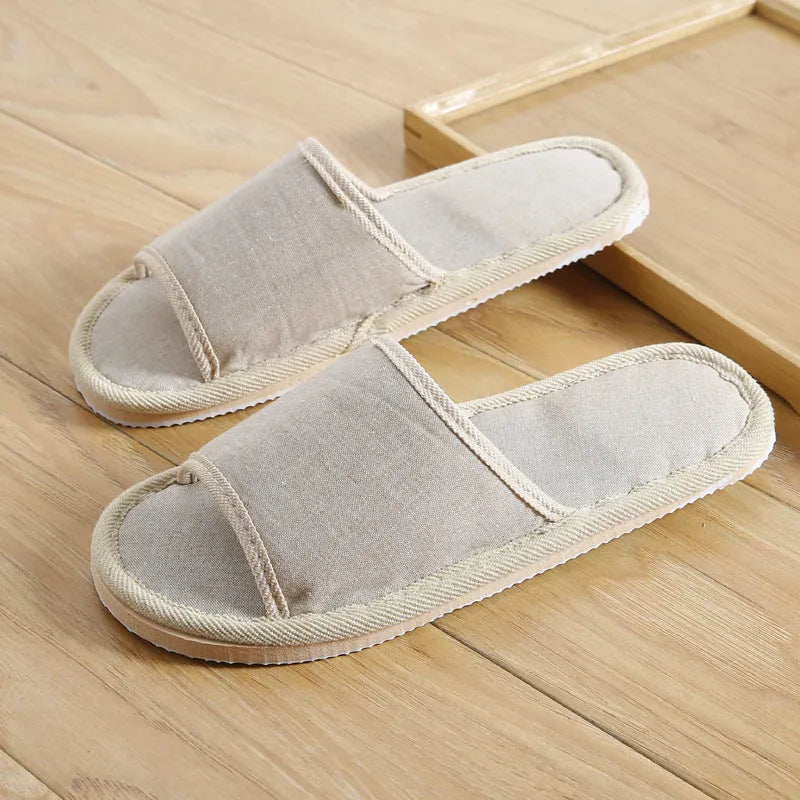 Couples indoor slippers solid colour anti-slip EVA sole open toe cloth cover beige