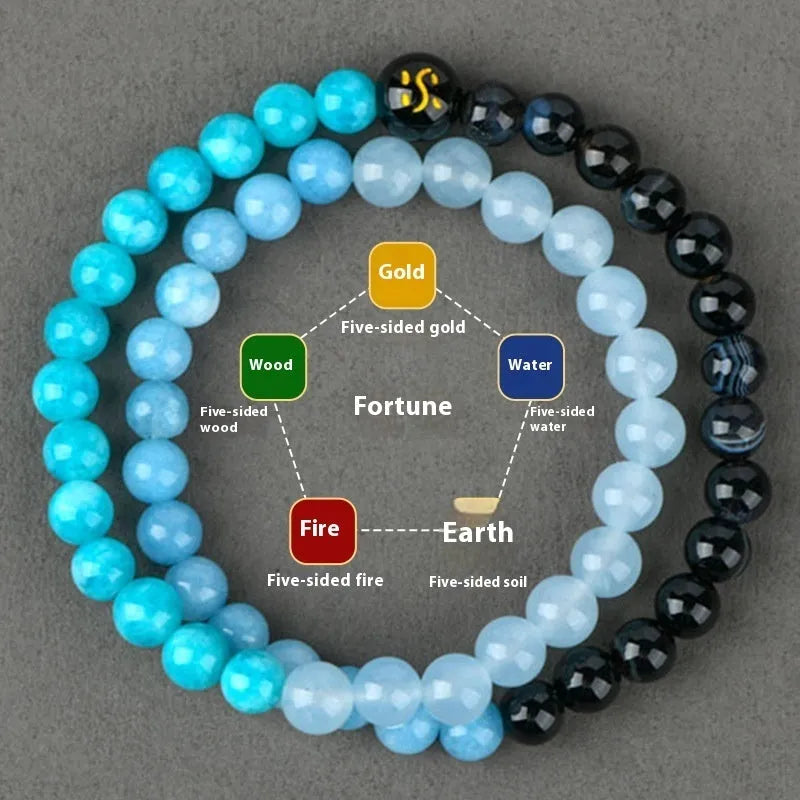 Handmade Duobao crystal Five Elements double ring bracelet in gold wood water fire soil colours