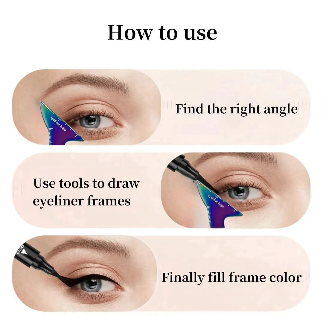 Three reusable plastic makeup stencils for creating winged eyeliner, eyebrow arches, and nose contour on pink background.