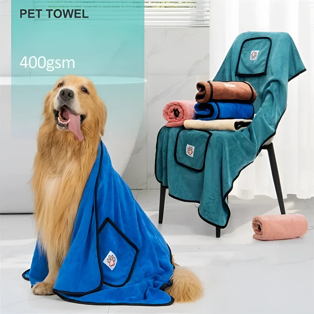 Dog bath towel with glove pocket in blue, brown, gray, green or pink, sizes L 130x70cm and M 100x50cm