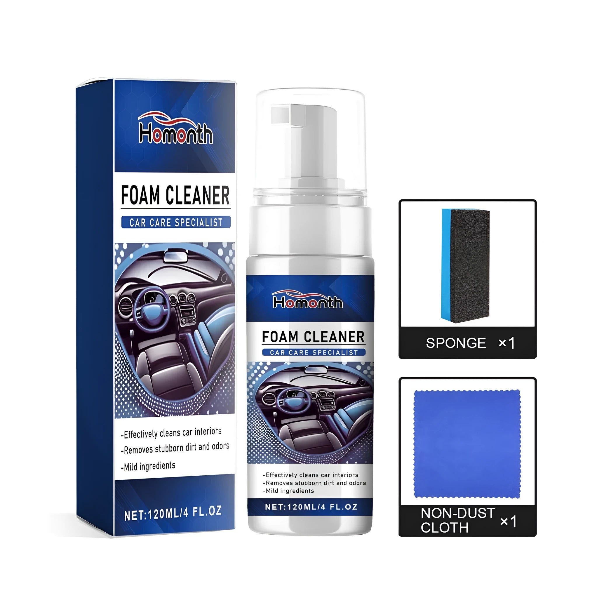 Fast Car Interior Cleaner Kit with spray bottle, microfibre cloth, and sponge for cleaning car dashboards.