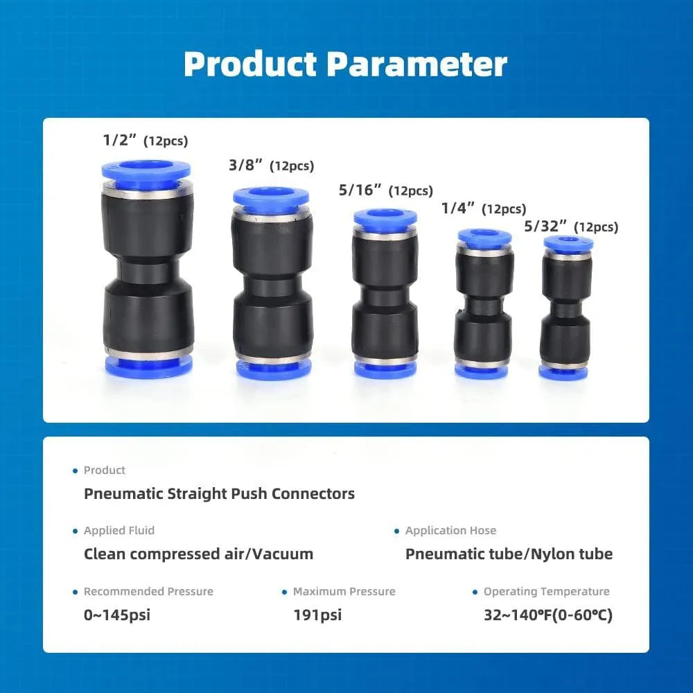 Set of 60 alloy plastic pneumatic push-in connectors with R1/4 and R1/2 fittings.