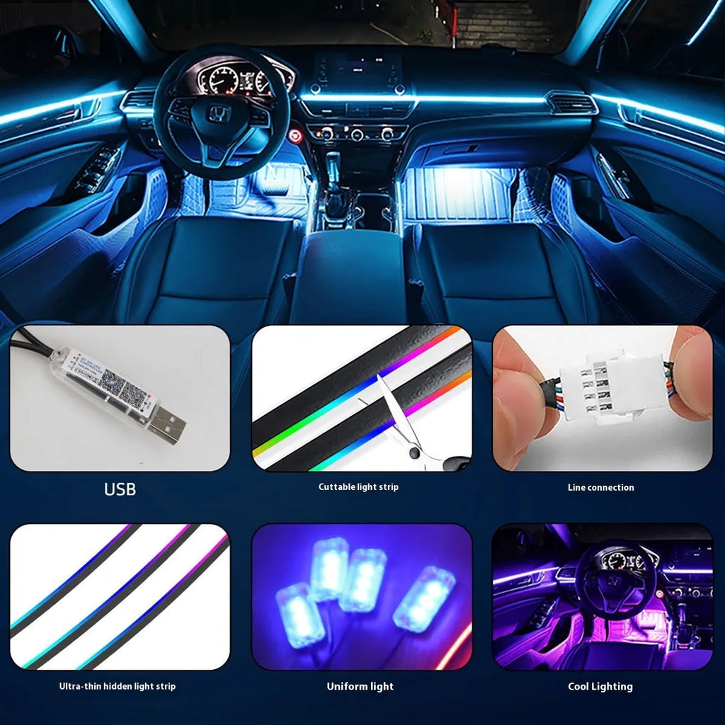 Car interior ambient light kit with USB 5V connection, app and remote control, and 110cm strip