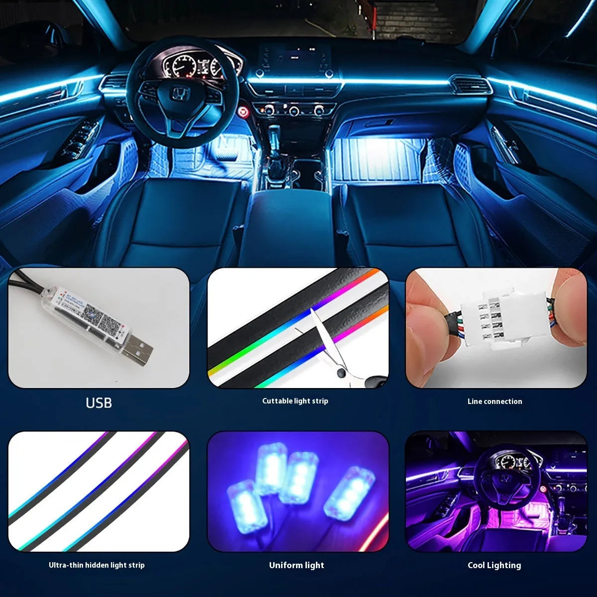 Car interior ambient light kit with USB 5V connection, app and remote control, and 110cm strip