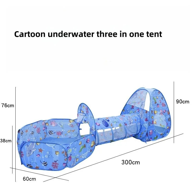 Children's three-in-one tent play set with ball pool and tunnel in marine theme