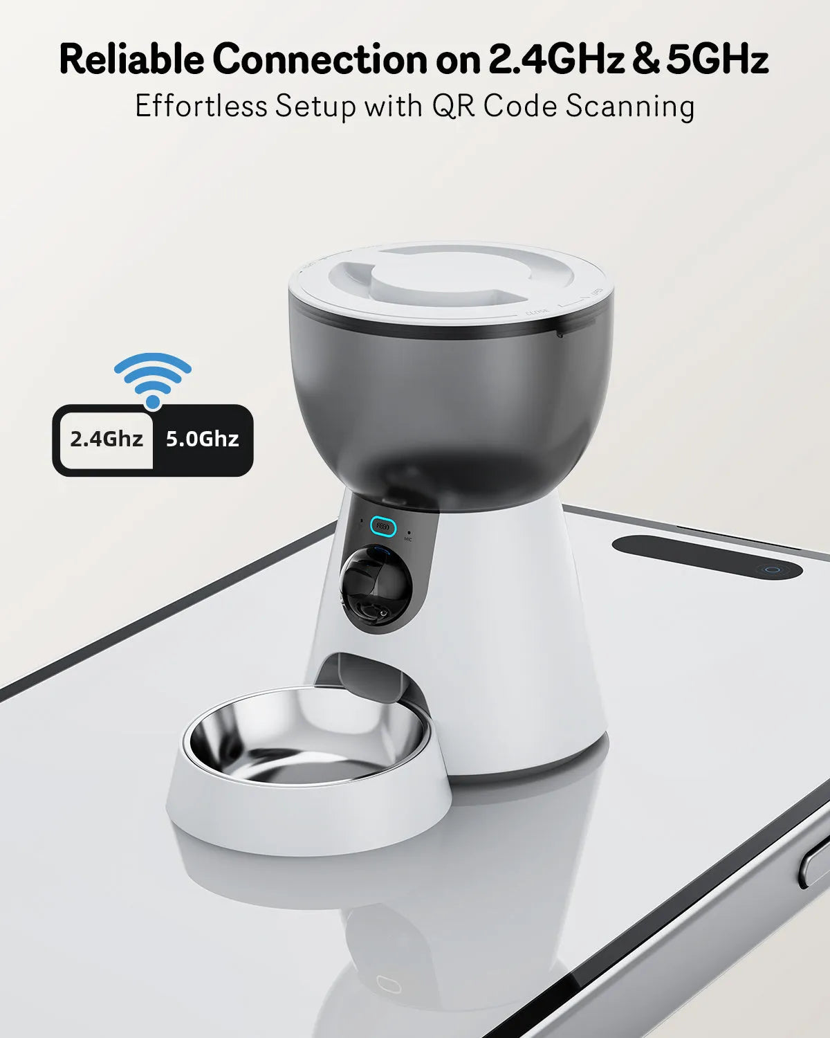 Automatic cat feeder with built-in camera showing 4L food tank and control panel