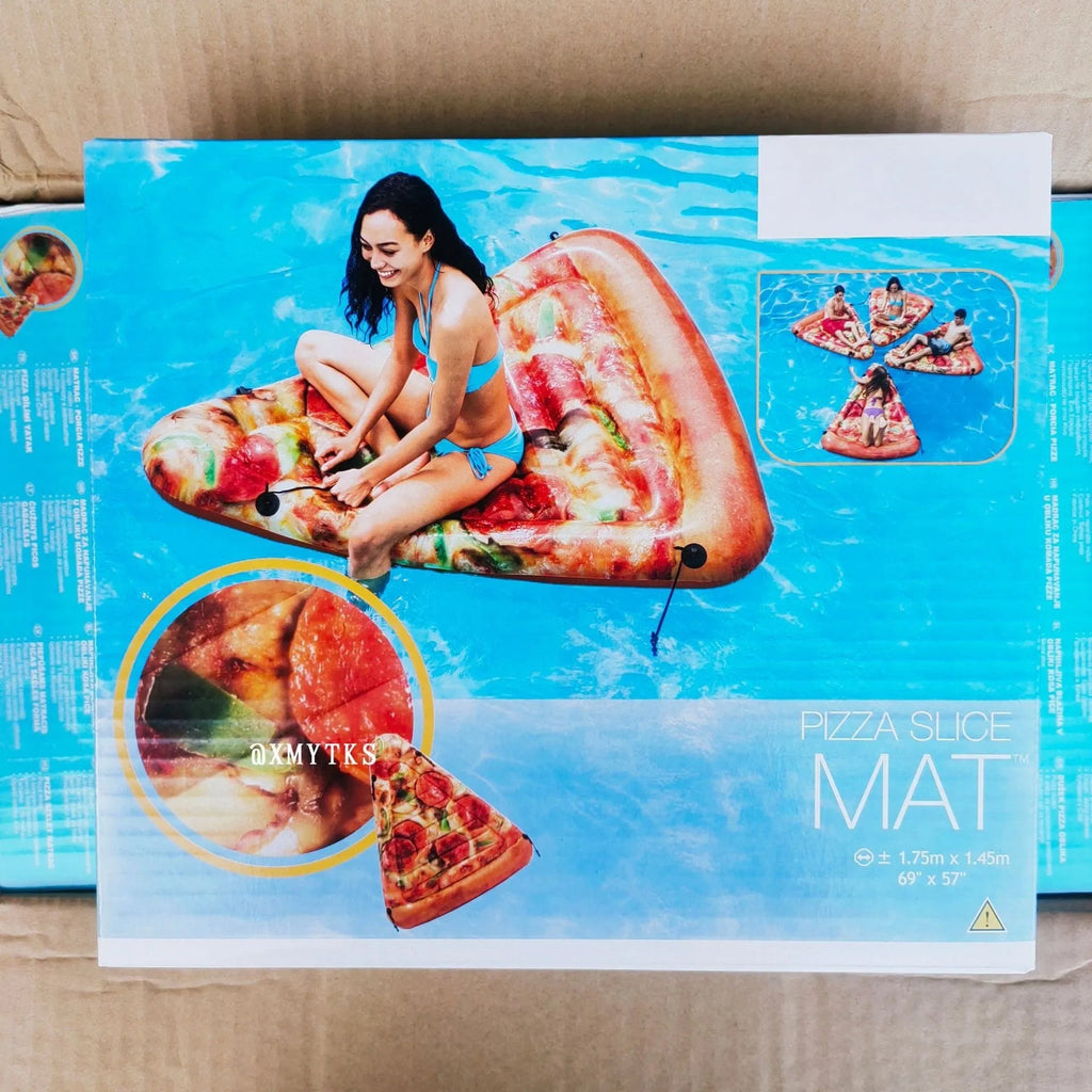 Large green and red pizza themed inflatable surfboard float on water