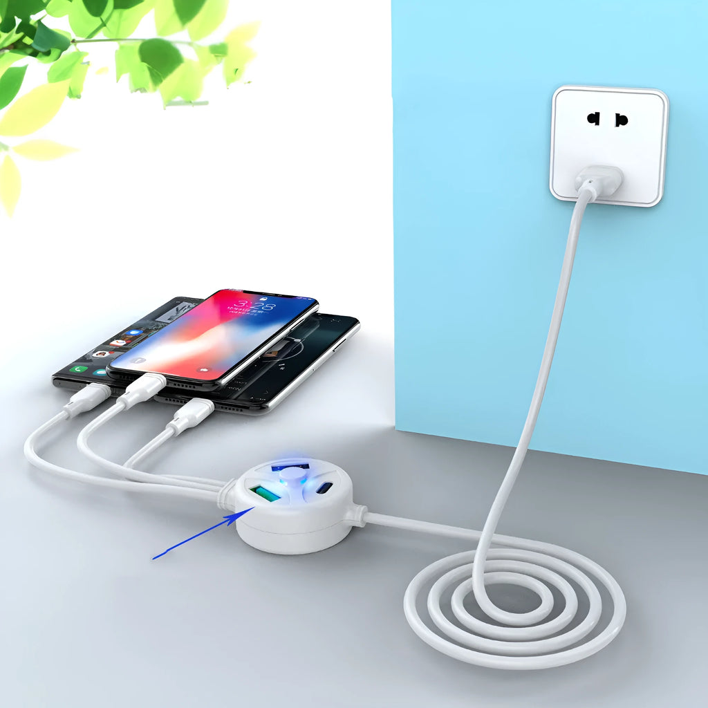 White 3-in-1 USB fast charge cable with micro USB and TYPE-C connectors on a 1.2 metre PVC cord.