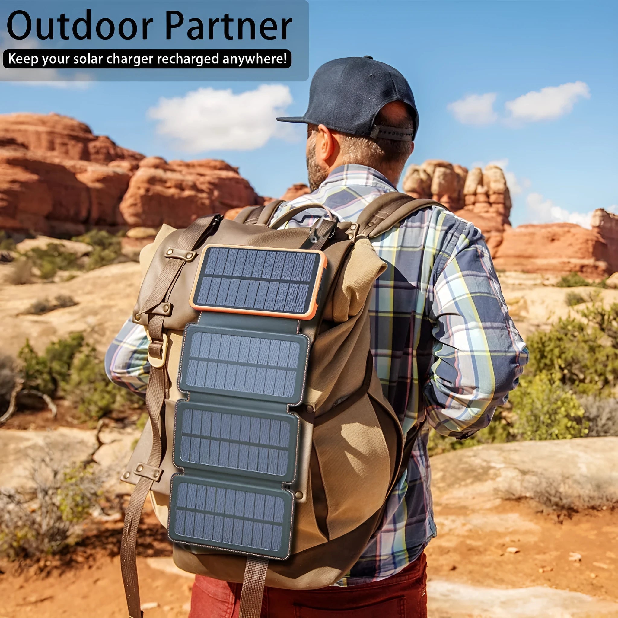 Black outdoor solar power bank with a solar panel, LED light, and soft leather texture, shown with a charging cable.