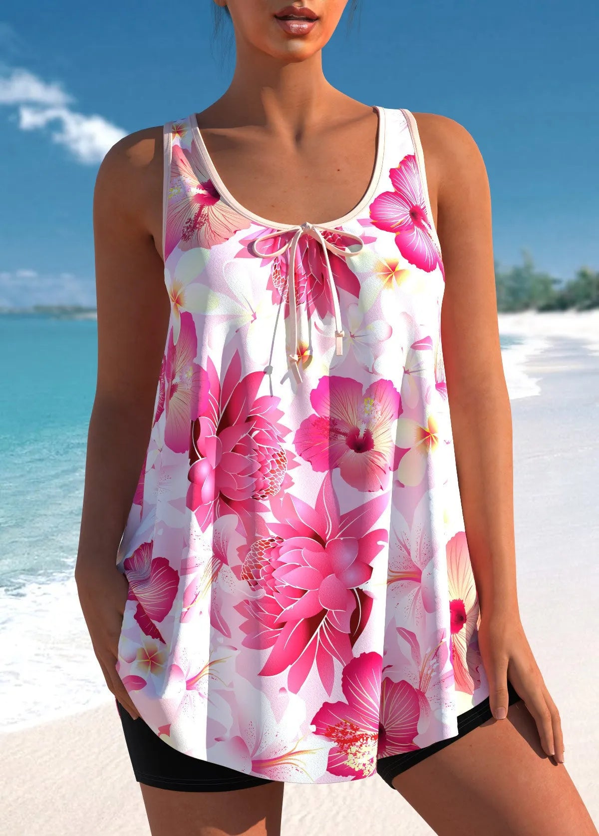 Pink printed plus size tankini swimsuit with separate top and high-waisted briefs
