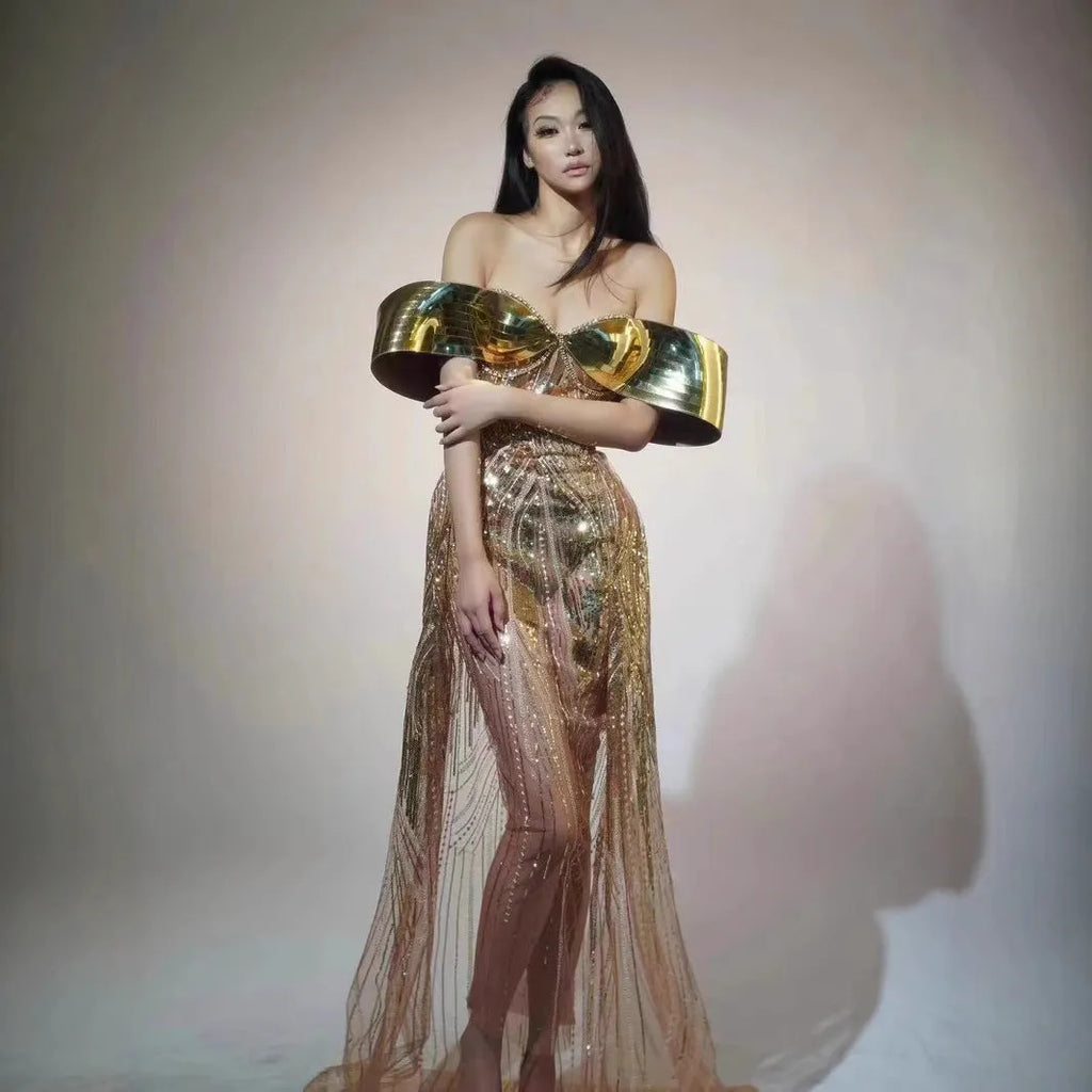Gold strapless sequin dress with thigh-high split and tulle skirt, floor-length formal gown