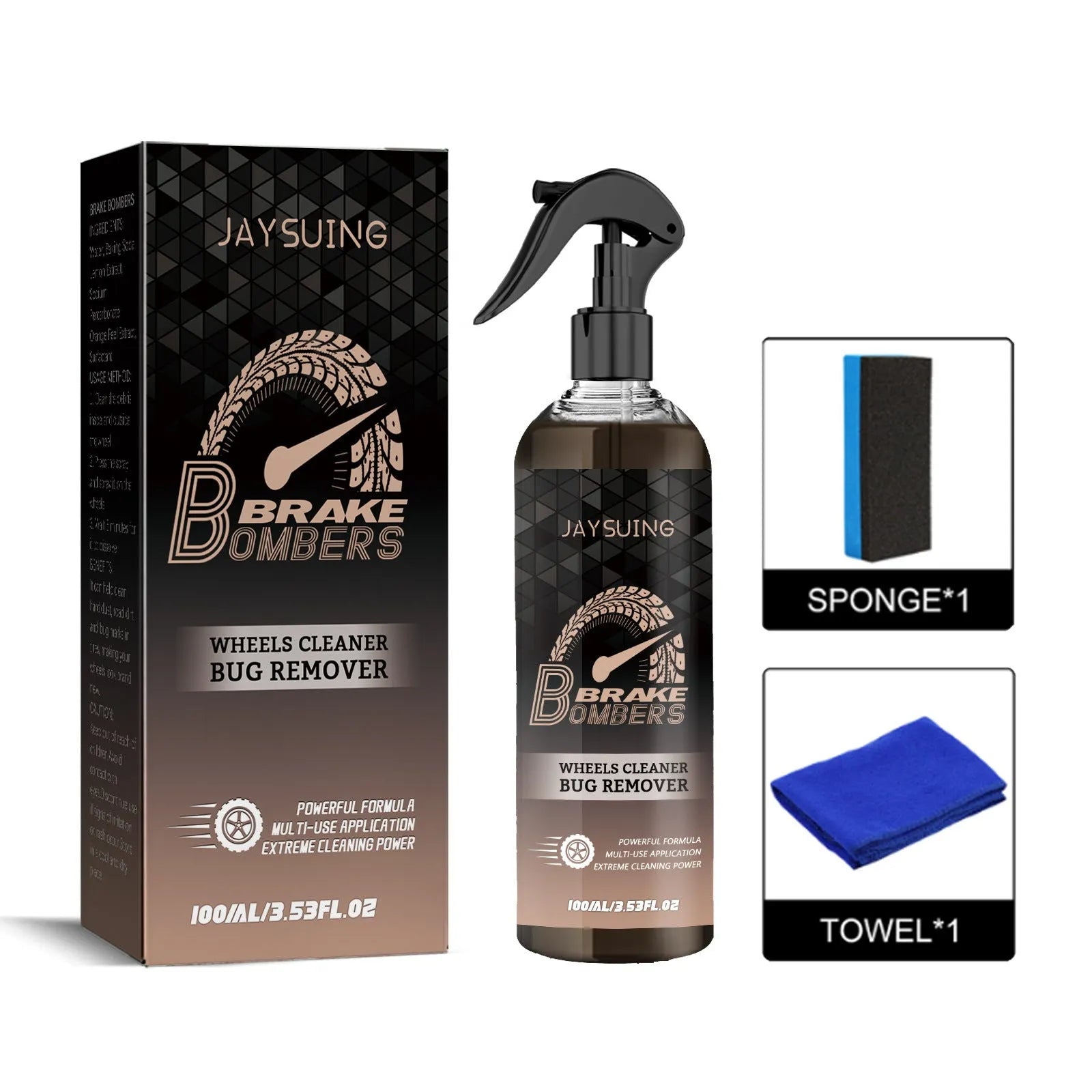 Car brake cleanser kit showing 100ml spray bottle, small sponge, and cleaning cloth for disc maintenance
