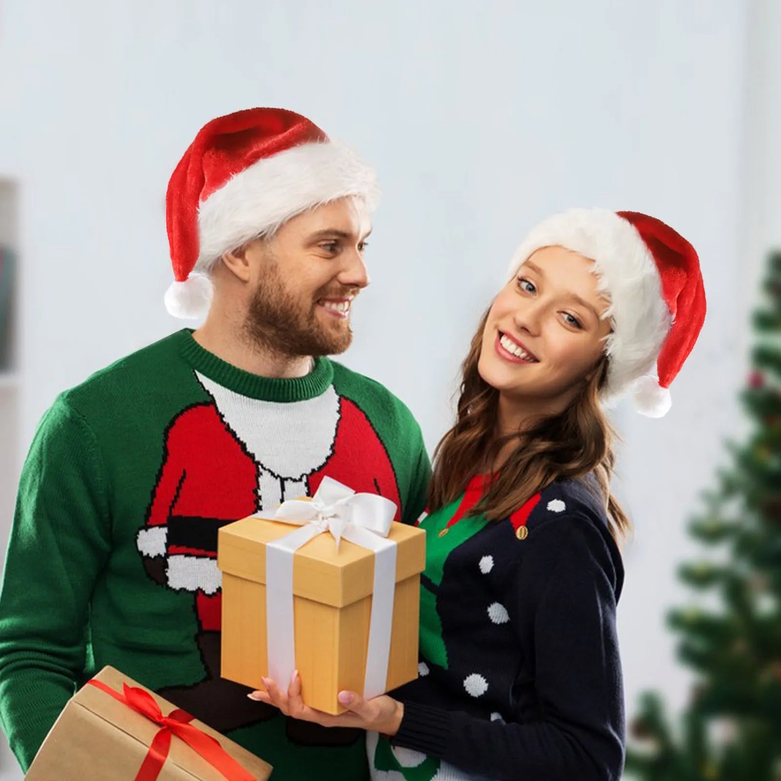 Red and white plush Santa hat with LED twinkling lights around brim and pom-pom