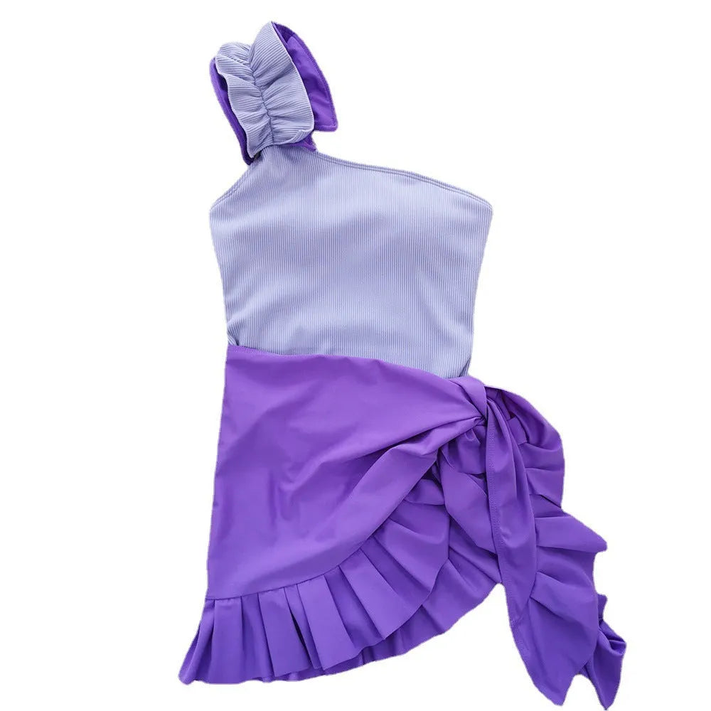 Women's single-shoulder suspender tube top high-waist one-piece swimsuit in solid colour