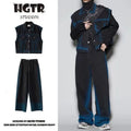 Distressed blue vest and jeans two-piece suit with spray colour gradient and fleece lining