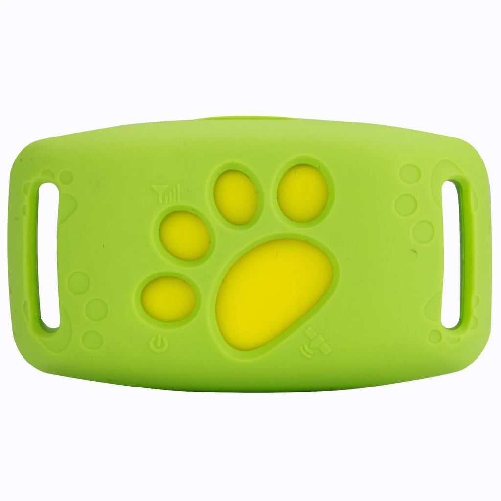 Compact black and yellow waterproof GPS pet tracker device with dimensions 65.5mm by 37mm.
