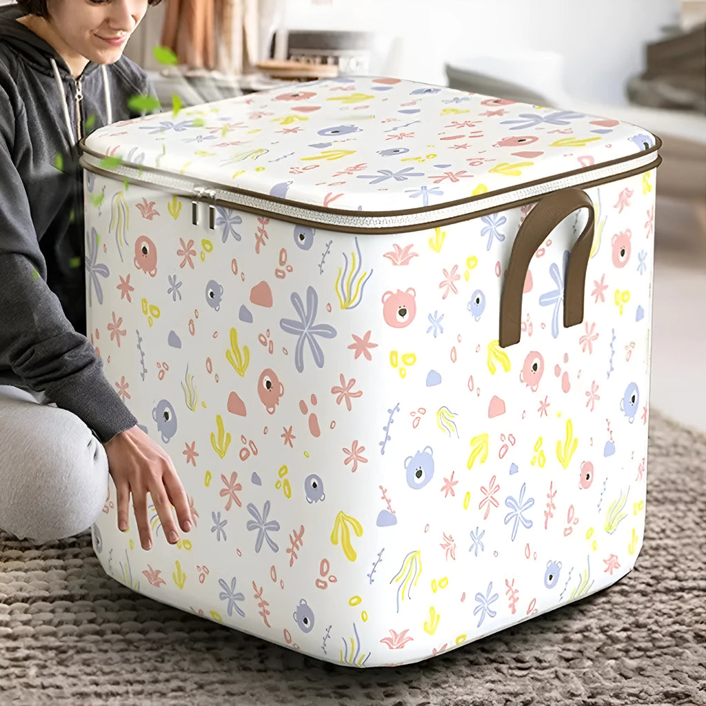 Non-woven cube storage box with cartoon bear zipper, 100L 140L 180L, for quilt clothes and laundry