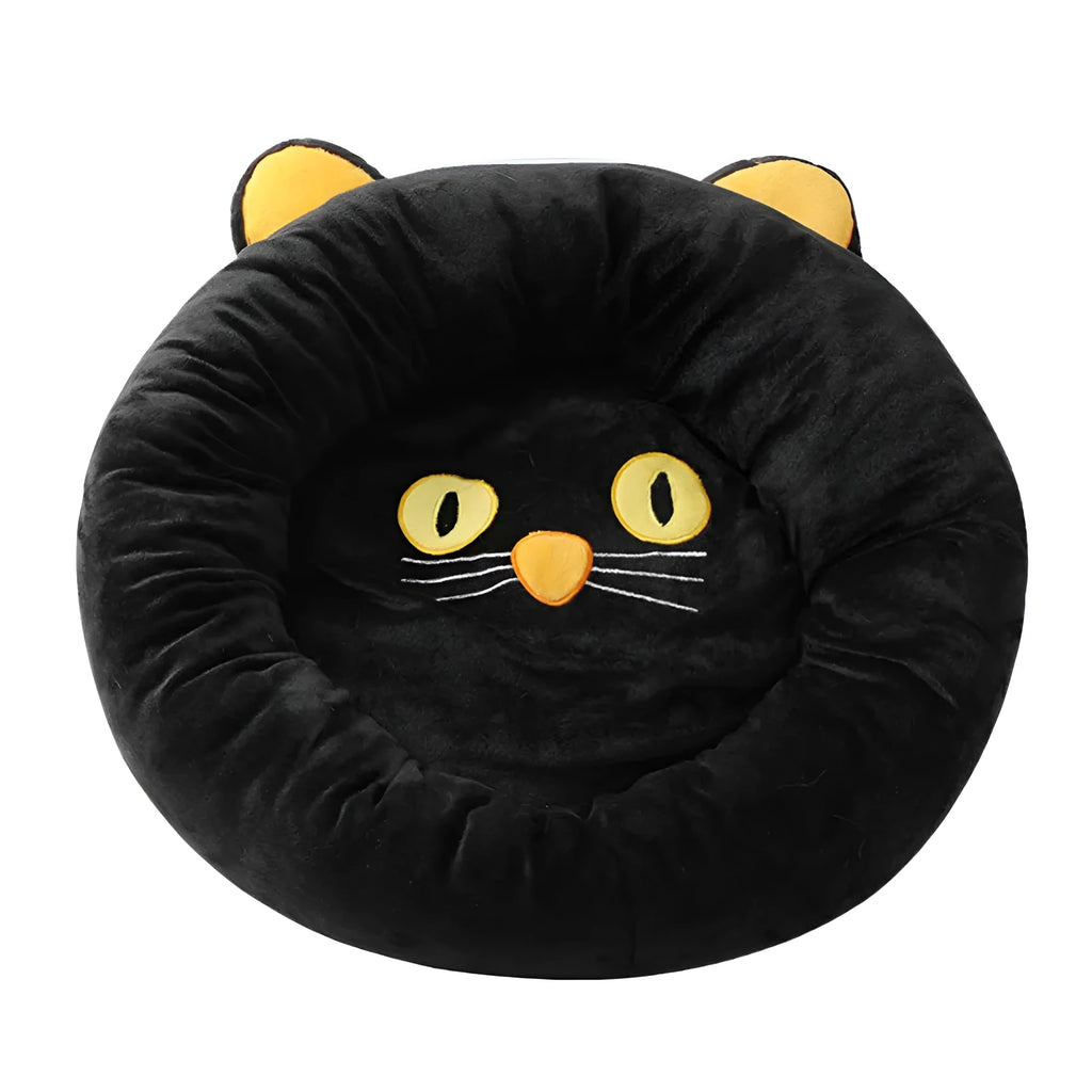 Black cat-shaped velvet pet bed with raised edges for head support in two size options