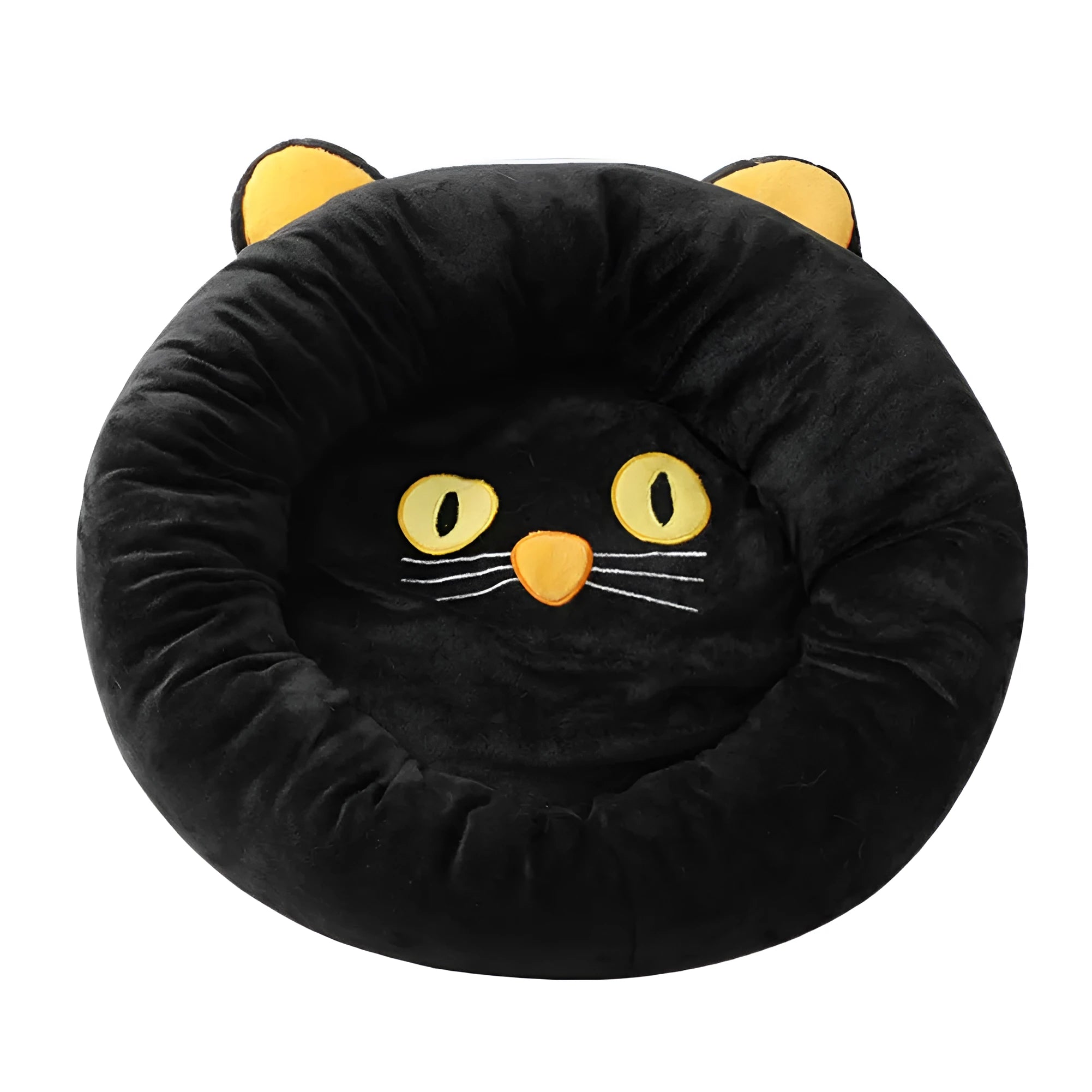 Black cat-shaped velvet pet bed with raised edges for head support in two size options