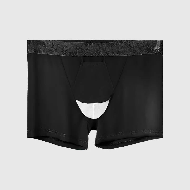 Men's solid colour ice silk nylon boxer shorts on a mid-waist, shown in multiple colour options.