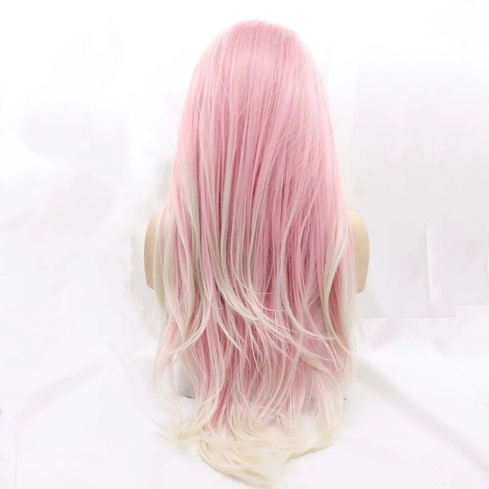 Ladies pink gradient big wave fluffy fashion wig on display