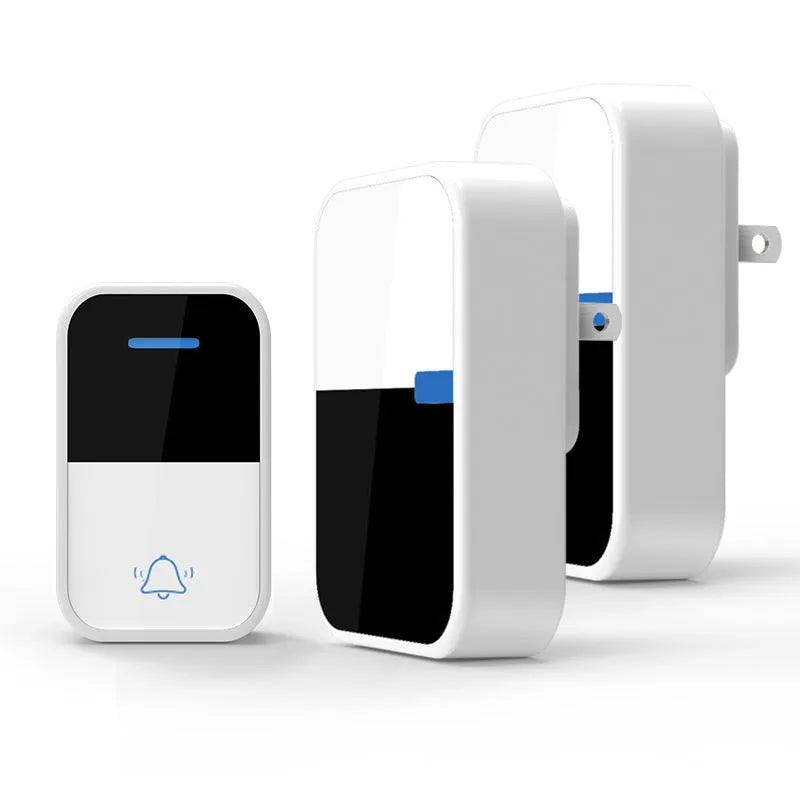 White wireless doorbell kit with self-powered button and receiver showing 150-metre range