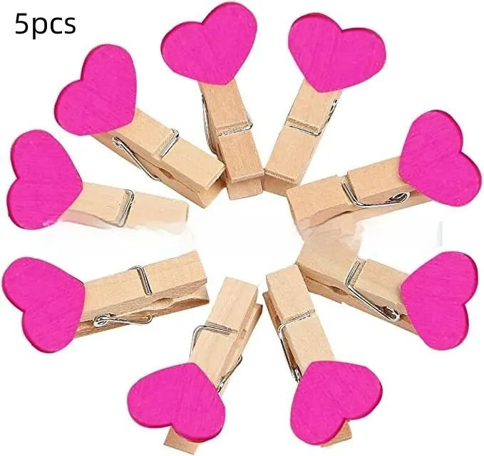 Handmade solid wood heart-shaped clip in red, white, yellow, rose, and pink colours.