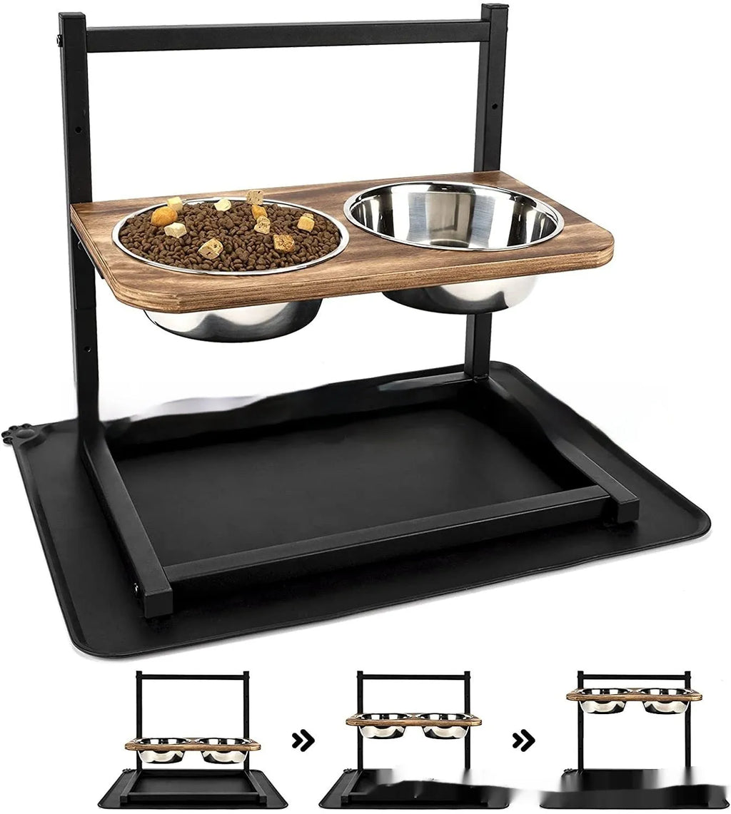 Black iron elevated dog bowl rack holding two separate pet food and water bowls
