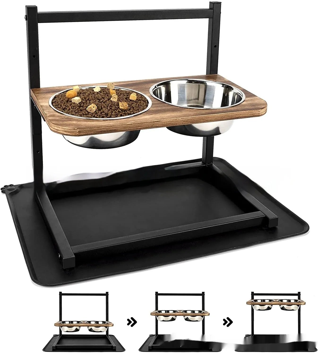 Black iron elevated dog bowl rack holding two separate pet food and water bowls