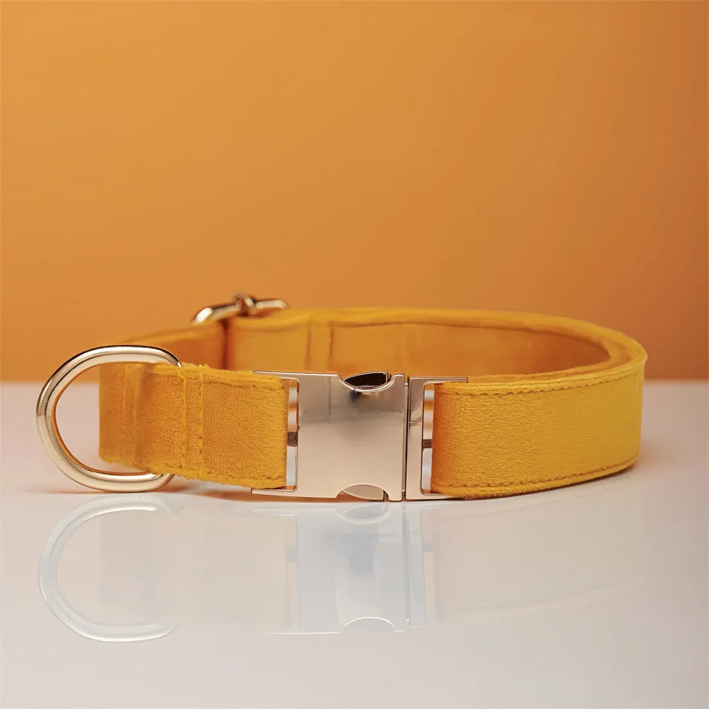 Striped wool dog collar in coral orange with attached leash on a neutral background