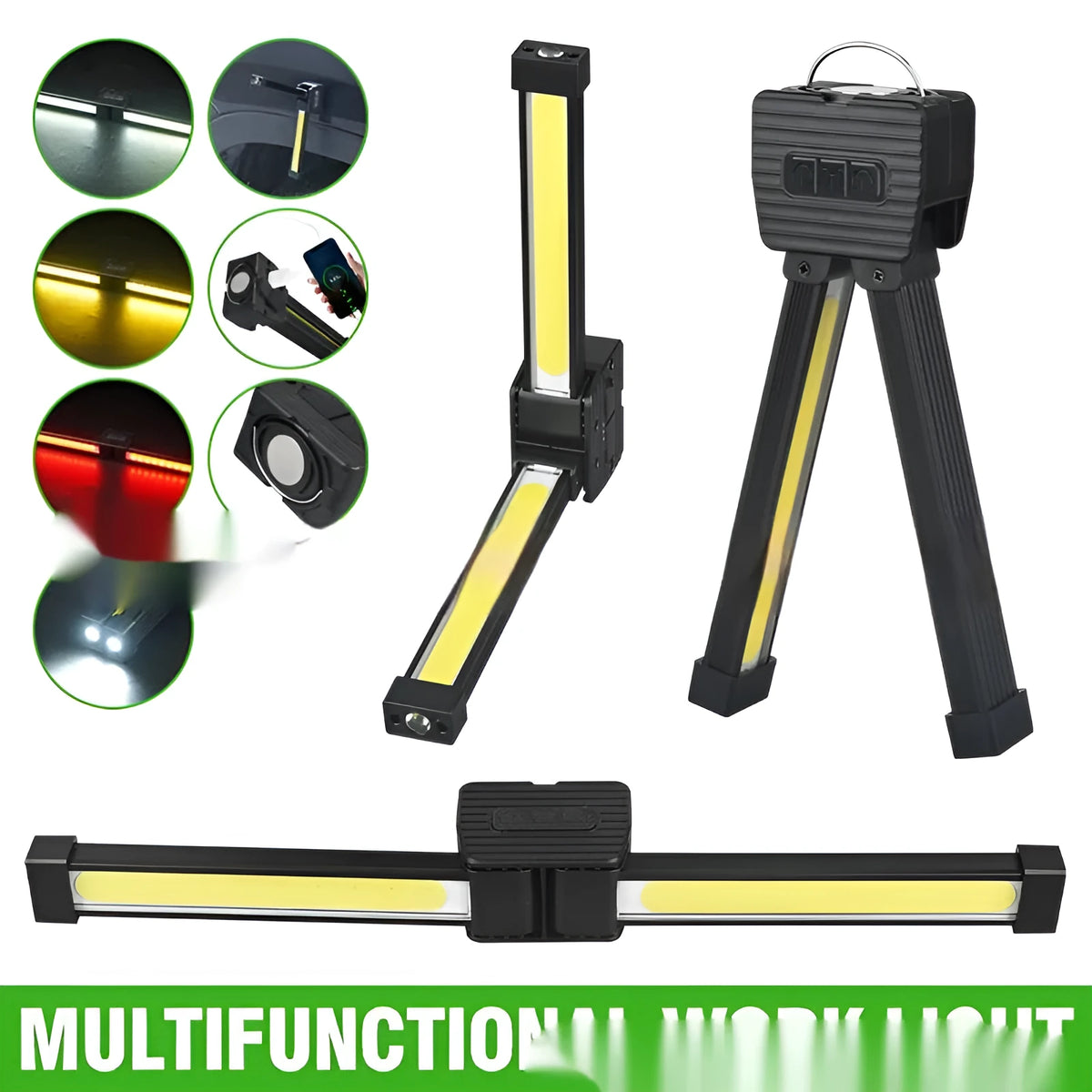 A55 rechargeable COB work light with magnetic base and folding hook for camping and auto repair