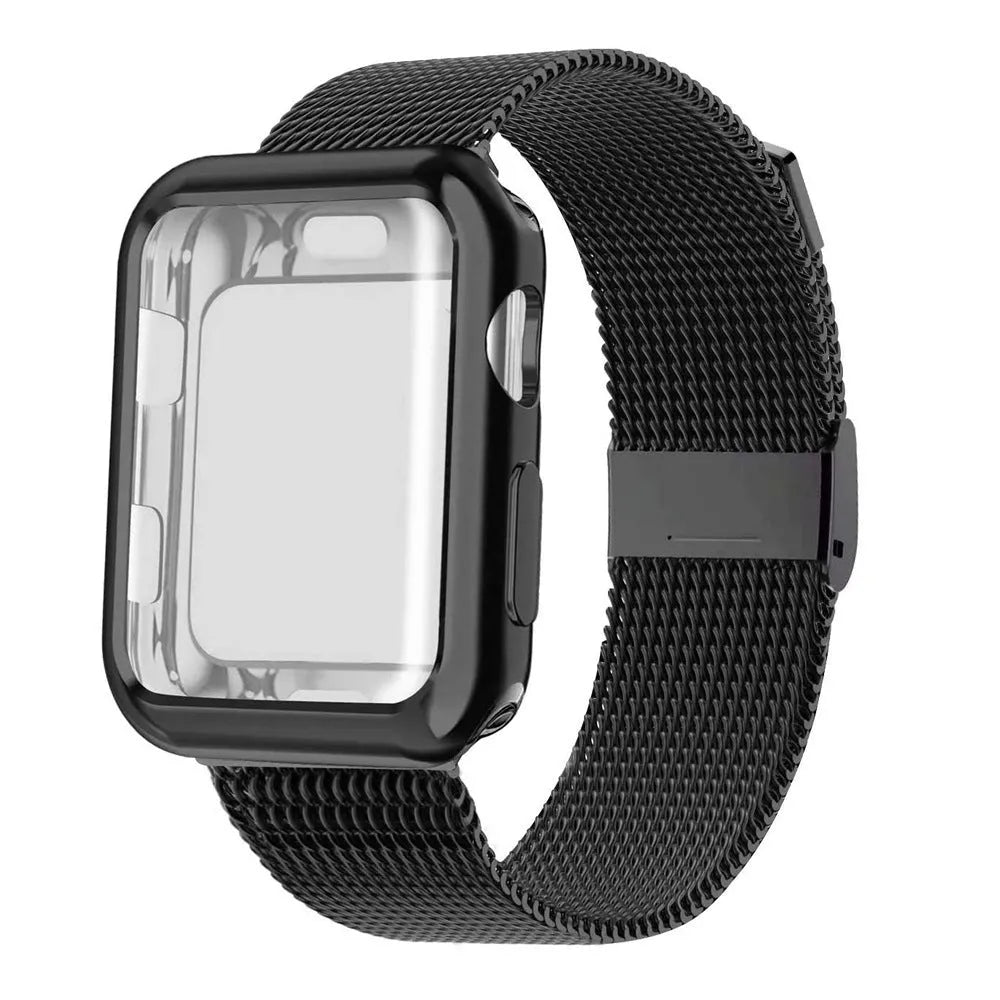 Silver magnetic Milanese loop strap attached to an Apple Watch on a wrist, showing the adjustable magnetic clasp.